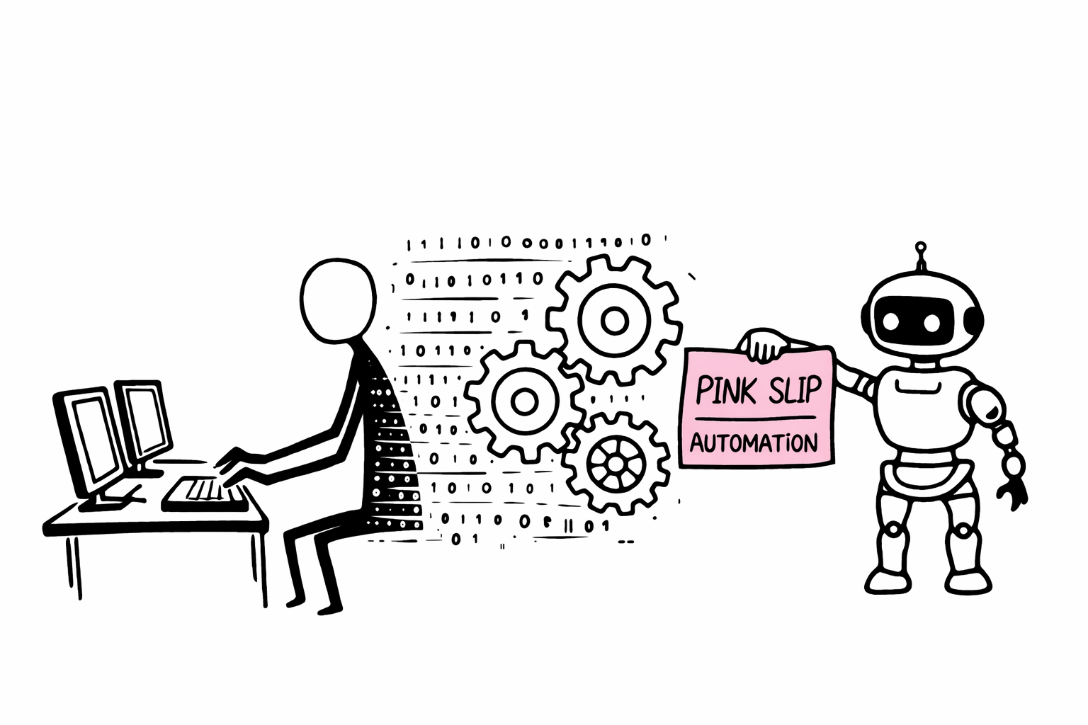 Pink Slip Automation - A stick figure coding while a robot hands them a pink slip
